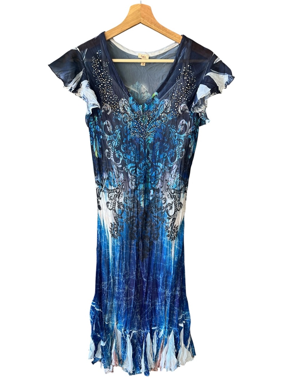 Reba Sz M Blue Ombré Paisley Pleated Bejeweled Midi Dress & Slip